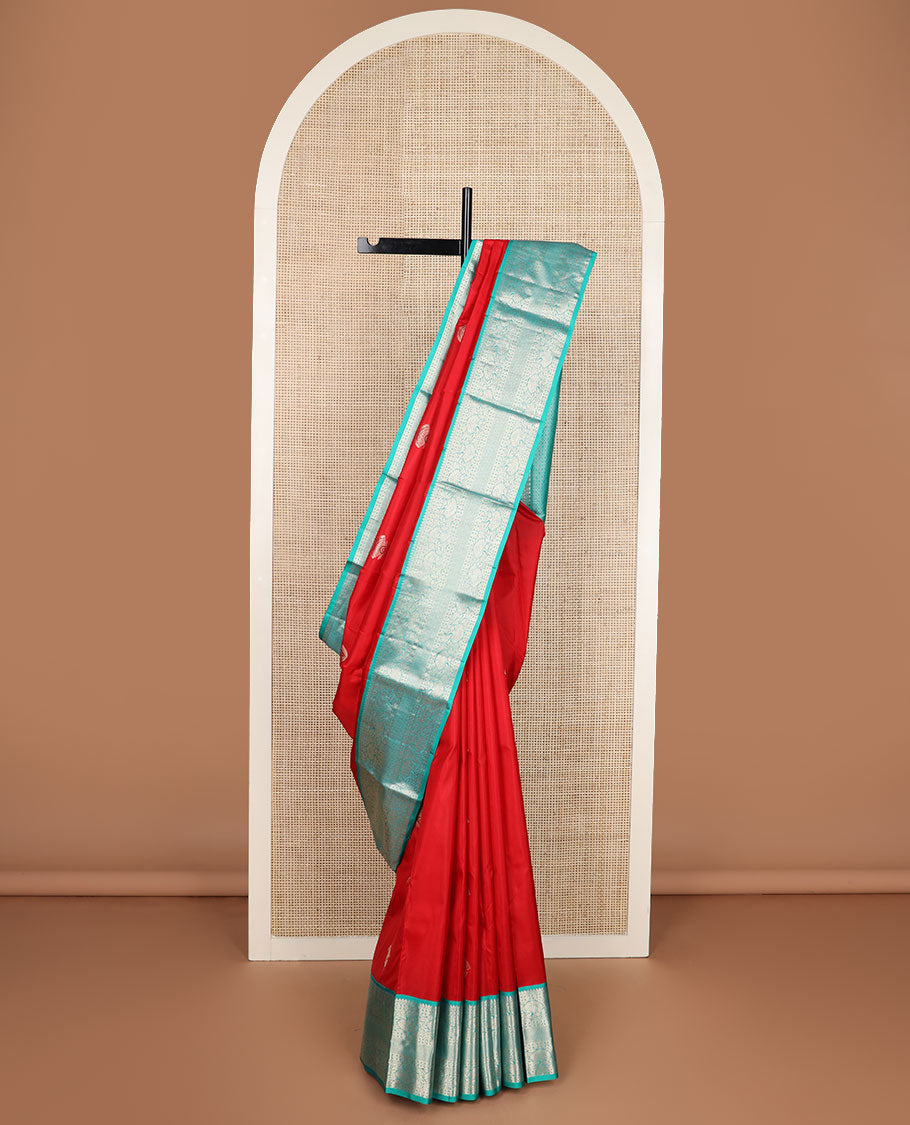 Red zari buttas silk saree, contrast border of thilakam mokku,rudraksham,kodi visiry & mayil kann & jaal pallu