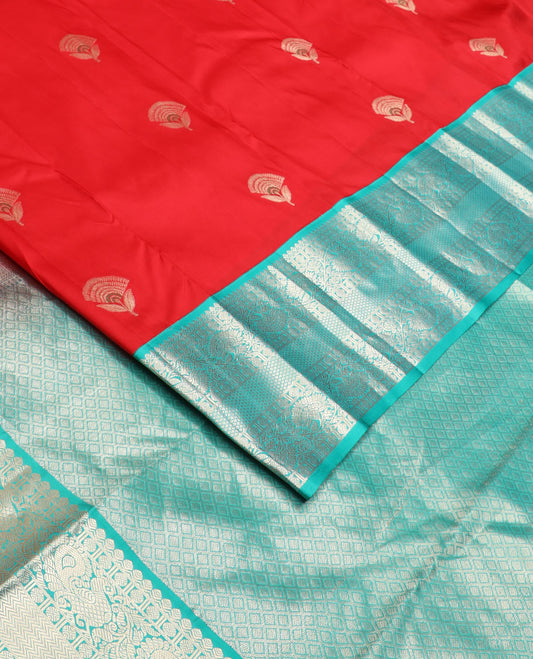 Red zari buttas silk saree, contrast border of thilakam mokku,rudraksham,kodi visiry & mayil kann & jaal pallu