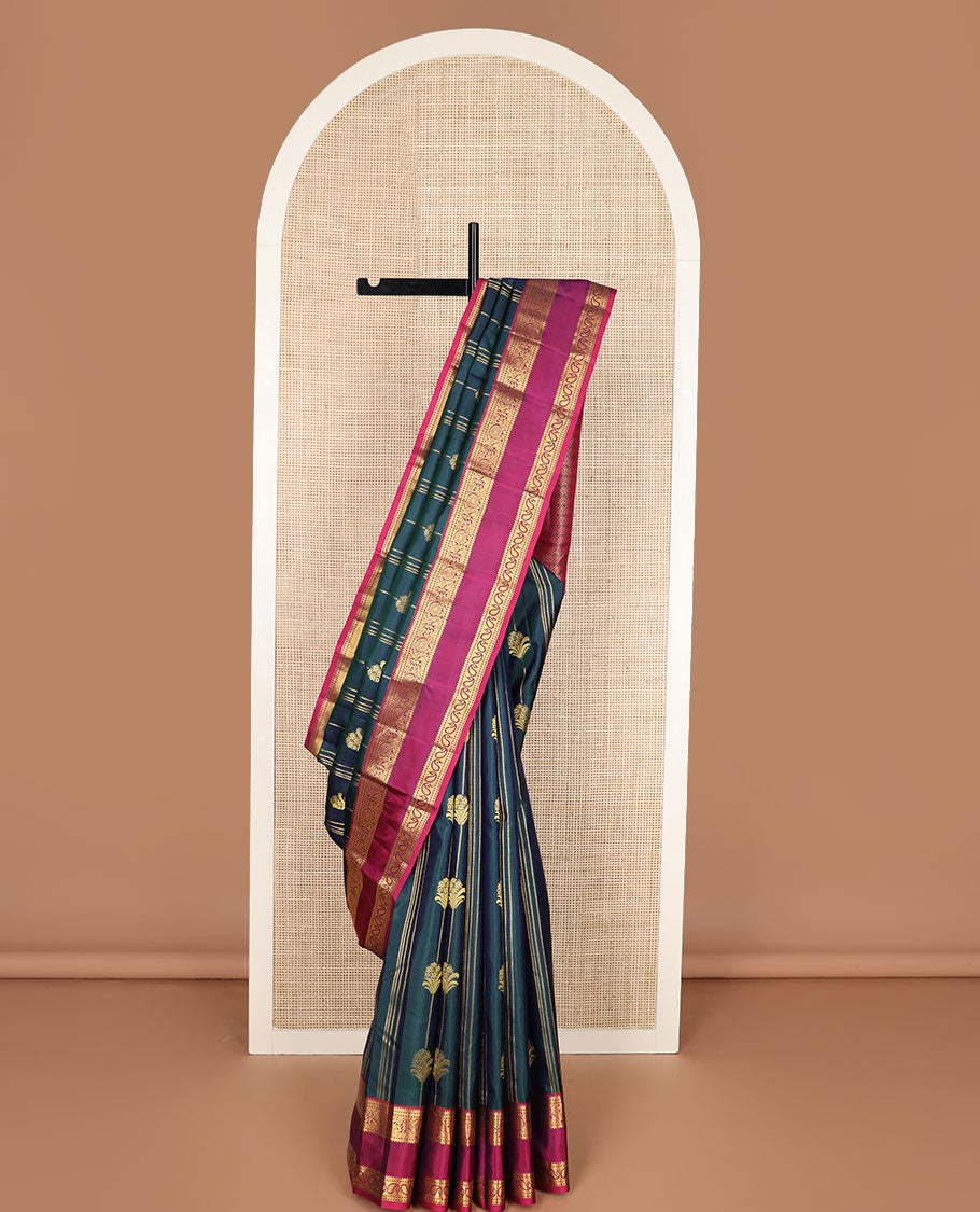 Green zari designs silk saree, contrast rettai pettu border of reeku, manga, diamond & kodi visiry & jaal pallu