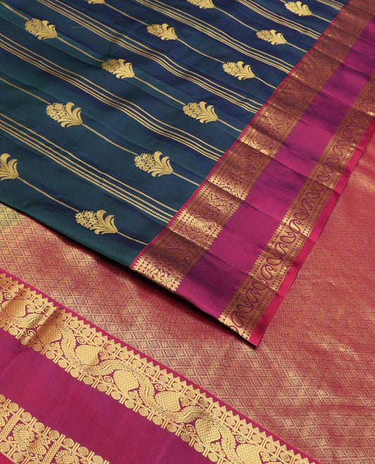 Green zari designs silk saree, contrast rettai pettu border of reeku, manga, diamond & kodi visiry & jaal pallu