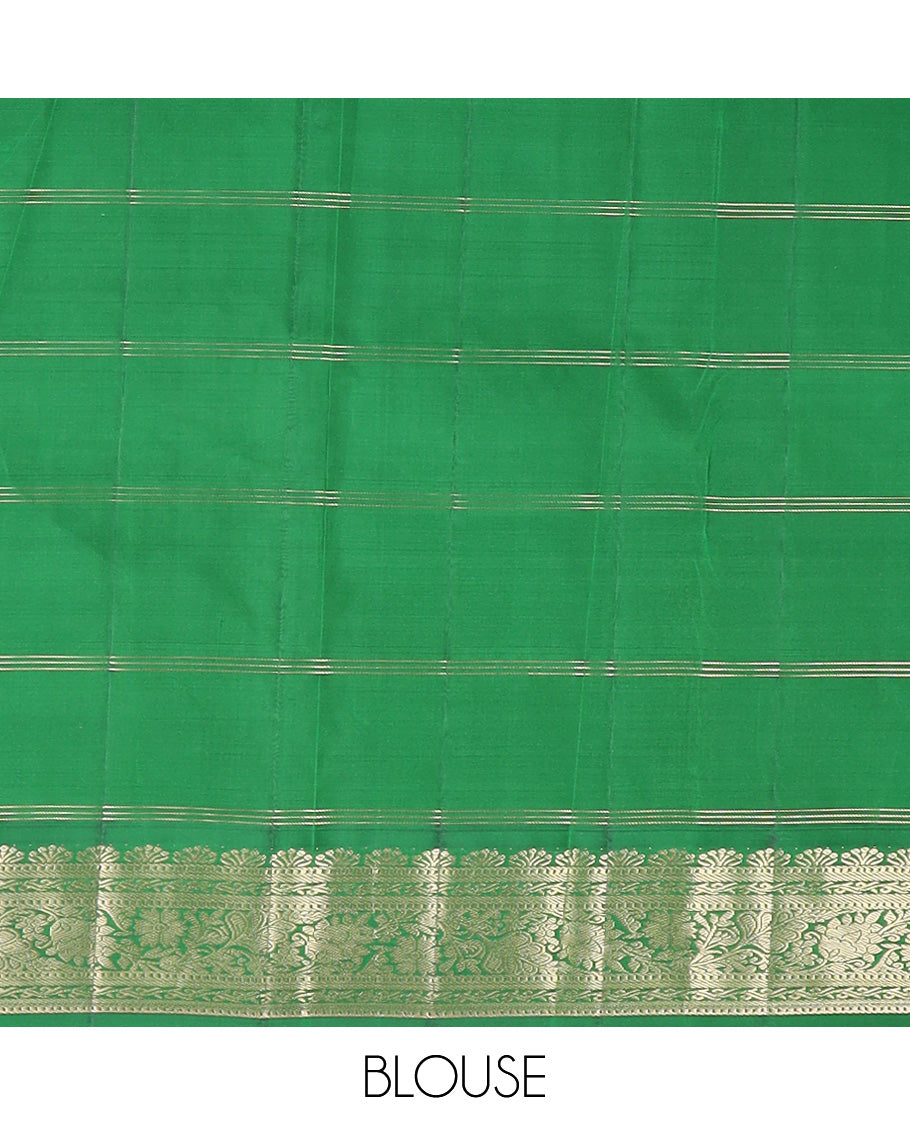 Dark pink zari buttas and checked silk saree, contrast border of rekku, muthu, diamond, yaanai, and chakram designs, and floral jaal pallu