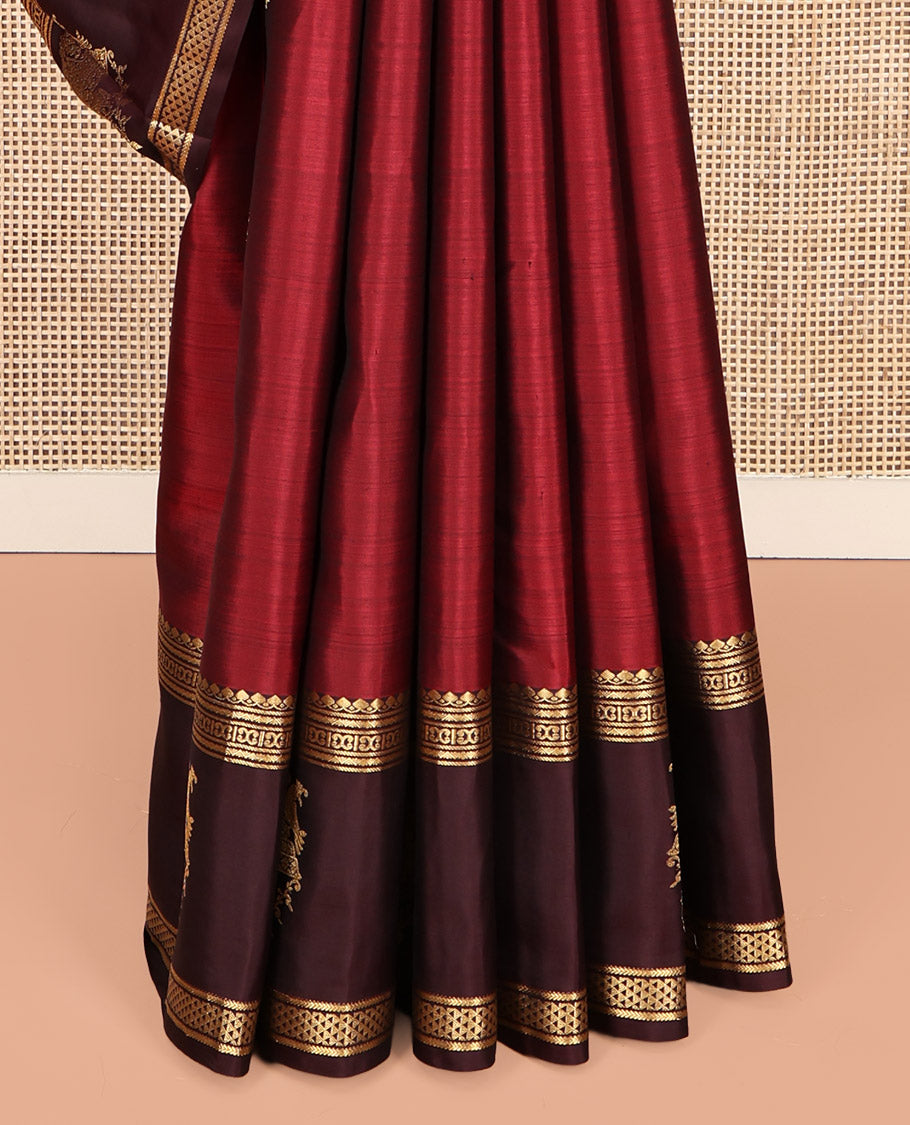 Red Vasundhara Silk Saree, Elevated with Zari Buttas, Contrast Border of Thilakam Mokku, Neli, Kathir, Ara Maadam, Yaanai, and Kili Designs, Grand Pallu, and a Contrast Blouse