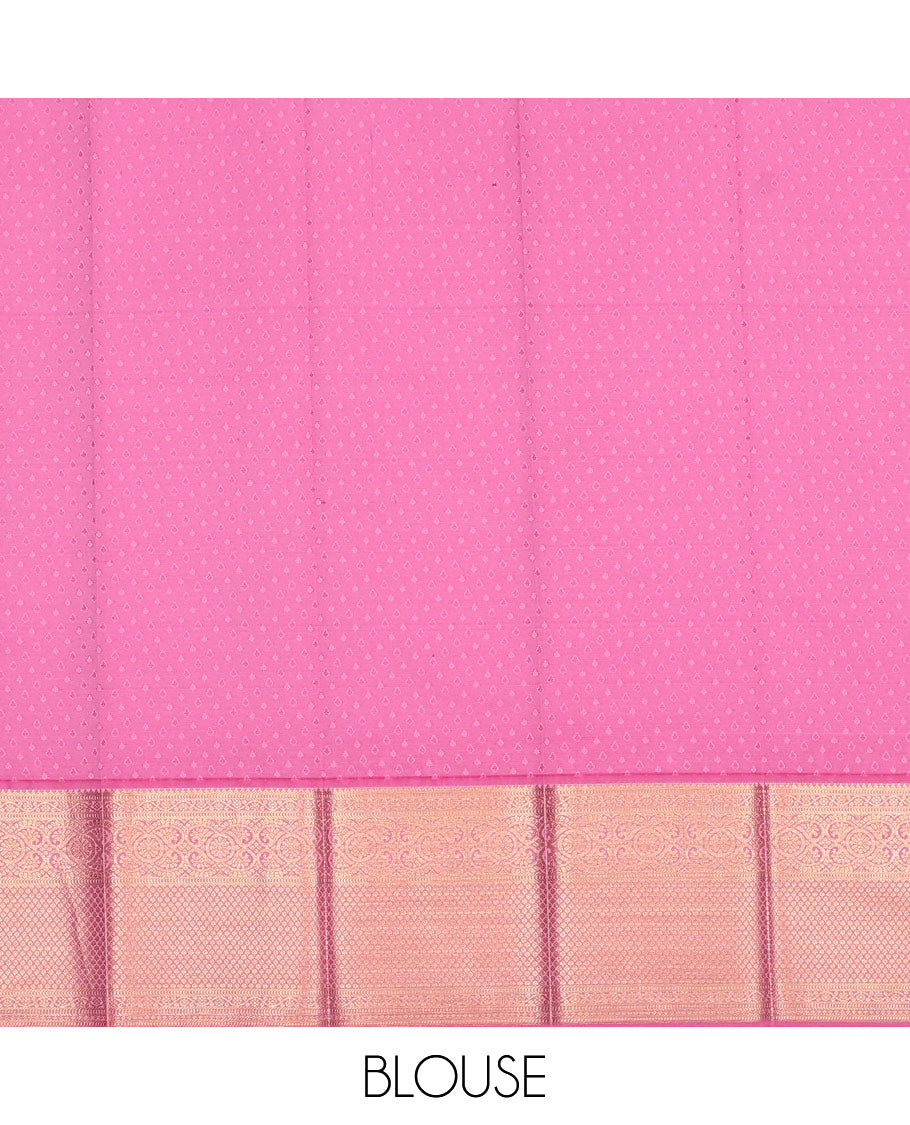 Pink floral jacquard kanchipuram wedding silk saree, contrast traditional zari design border, and jaal pallu