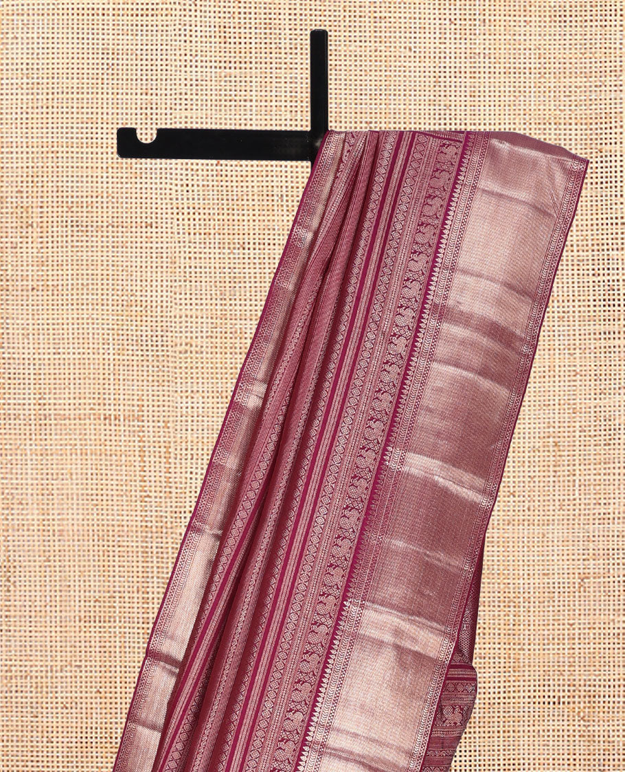 Wine Kanchipuram Wedding Silk Saree, Meticulously Woven with Jacquard Design, a Self-Border of Thilakam, Kathir, and Geometric Designs, Grand Pallu, and a Matching Blouse