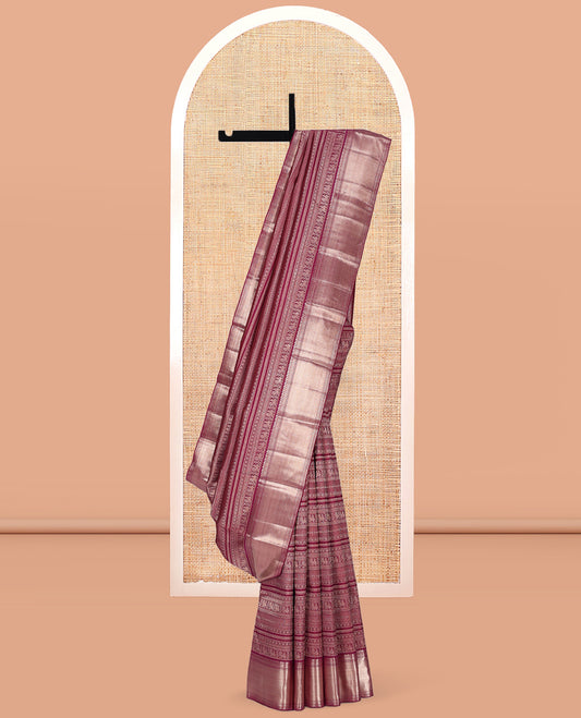 Wine Kanchipuram Wedding Silk Saree, Meticulously Woven with Jacquard Design, a Self-Border of Thilakam, Kathir, and Geometric Designs, Grand Pallu, and a Matching Blouse