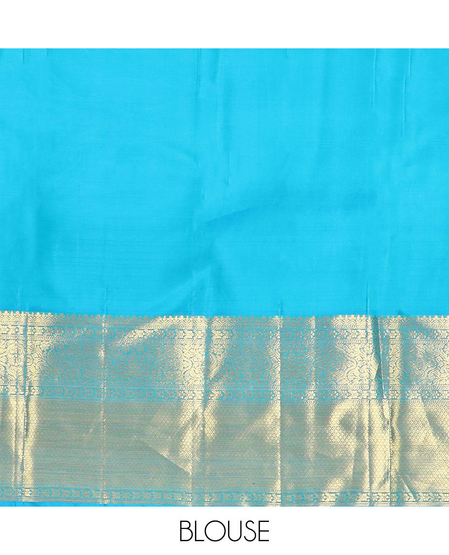 Blue floral jacquard Kanchipuram wedding silk saree, zari border of floral, manga, and mayil kann designs, and jaal pallu