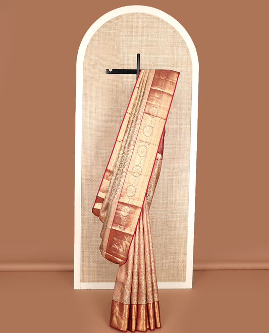 Sandal floral jaal jacquard Kanchipuram wedding silk saree, contrast border of thilakam mokku, rudraksham, diamond, and chakram motifs, and pallu steeped with chakram buttas