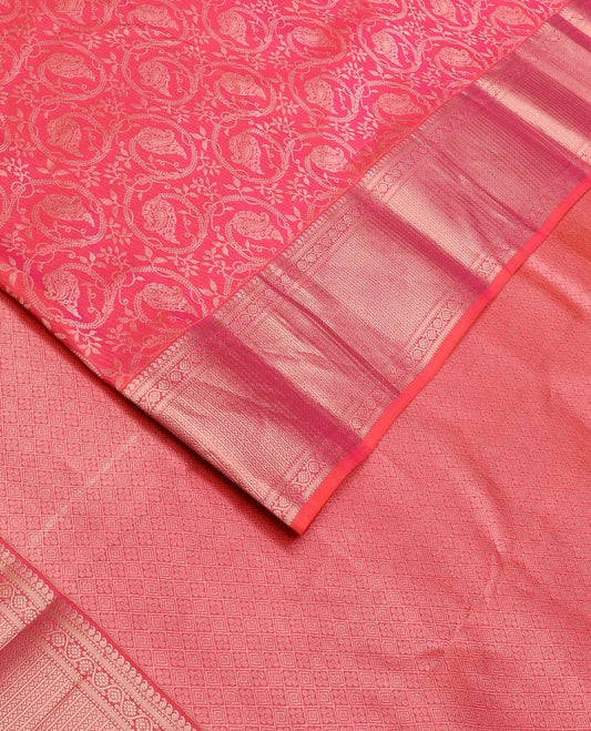 Pink jacquard Kanchipuram wedding silk saree, zari border of manga mokku, muthu, kathir, kodi visiry, and neli kathir, and jaal pallu