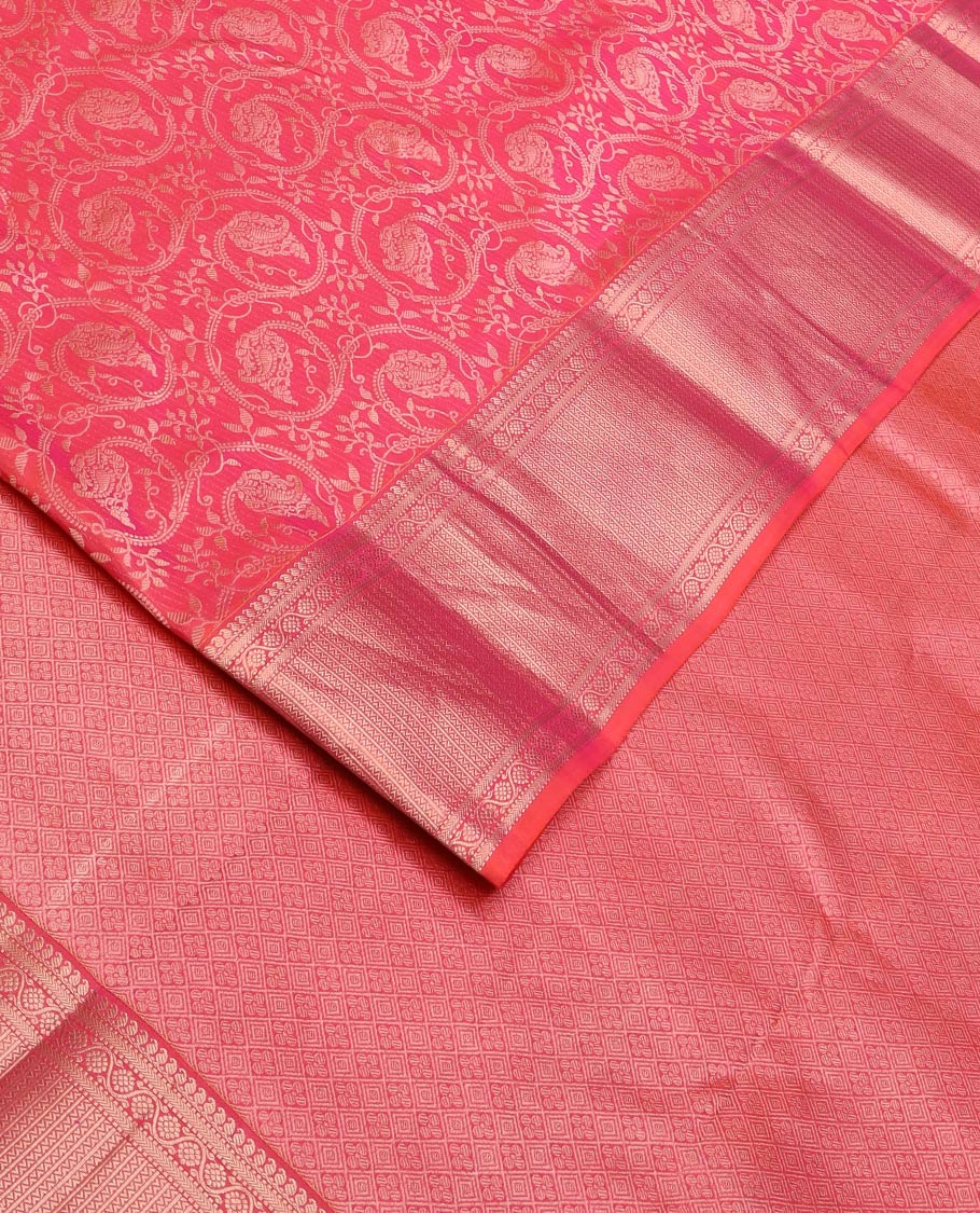 Pink jacquard Kanchipuram wedding silk saree, zari border of manga mokku, muthu, kathir, kodi visiry, and neli kathir, and jaal pallu