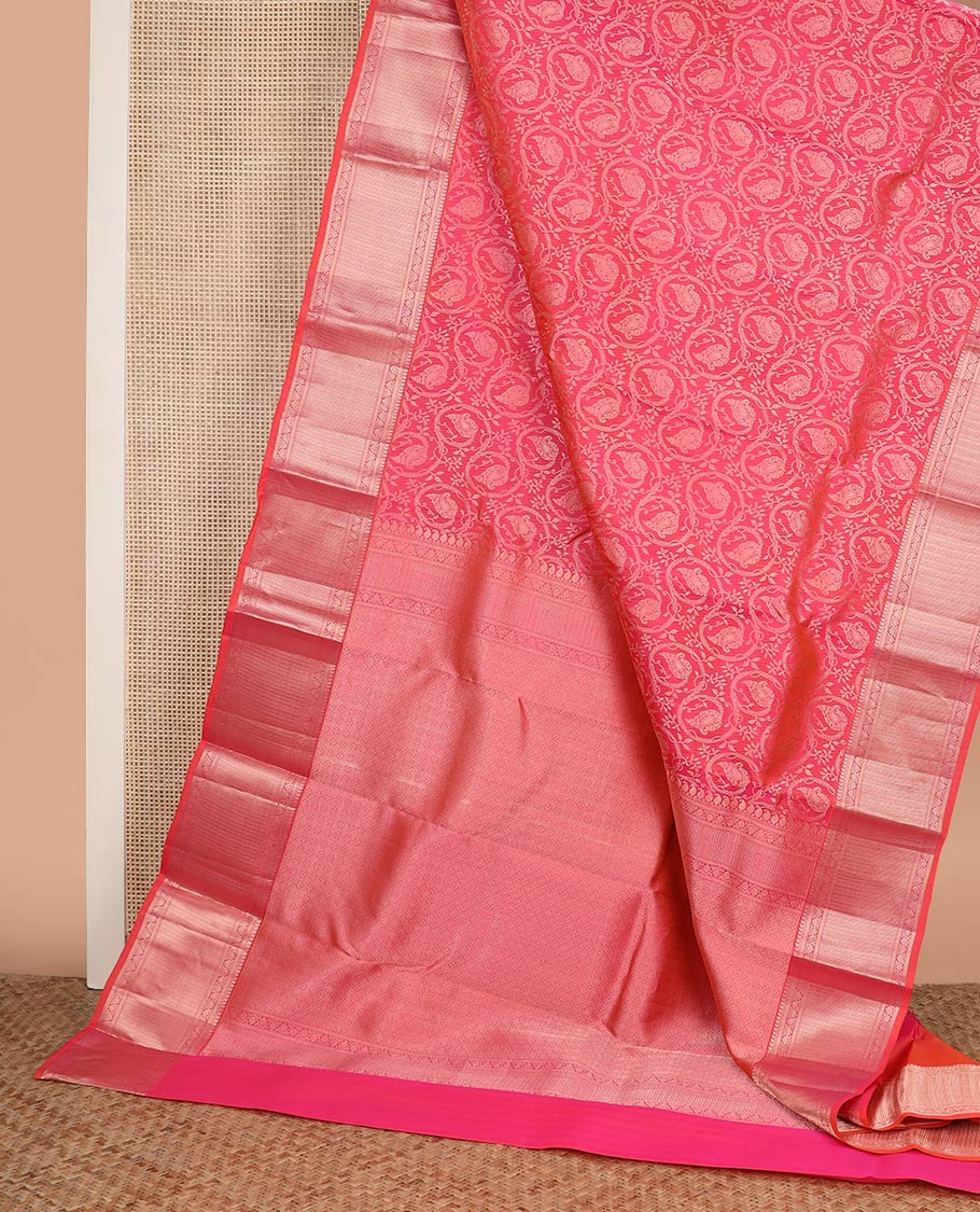 Pink jacquard Kanchipuram wedding silk saree, zari border of manga mokku, muthu, kathir, kodi visiry, and neli kathir, and jaal pallu