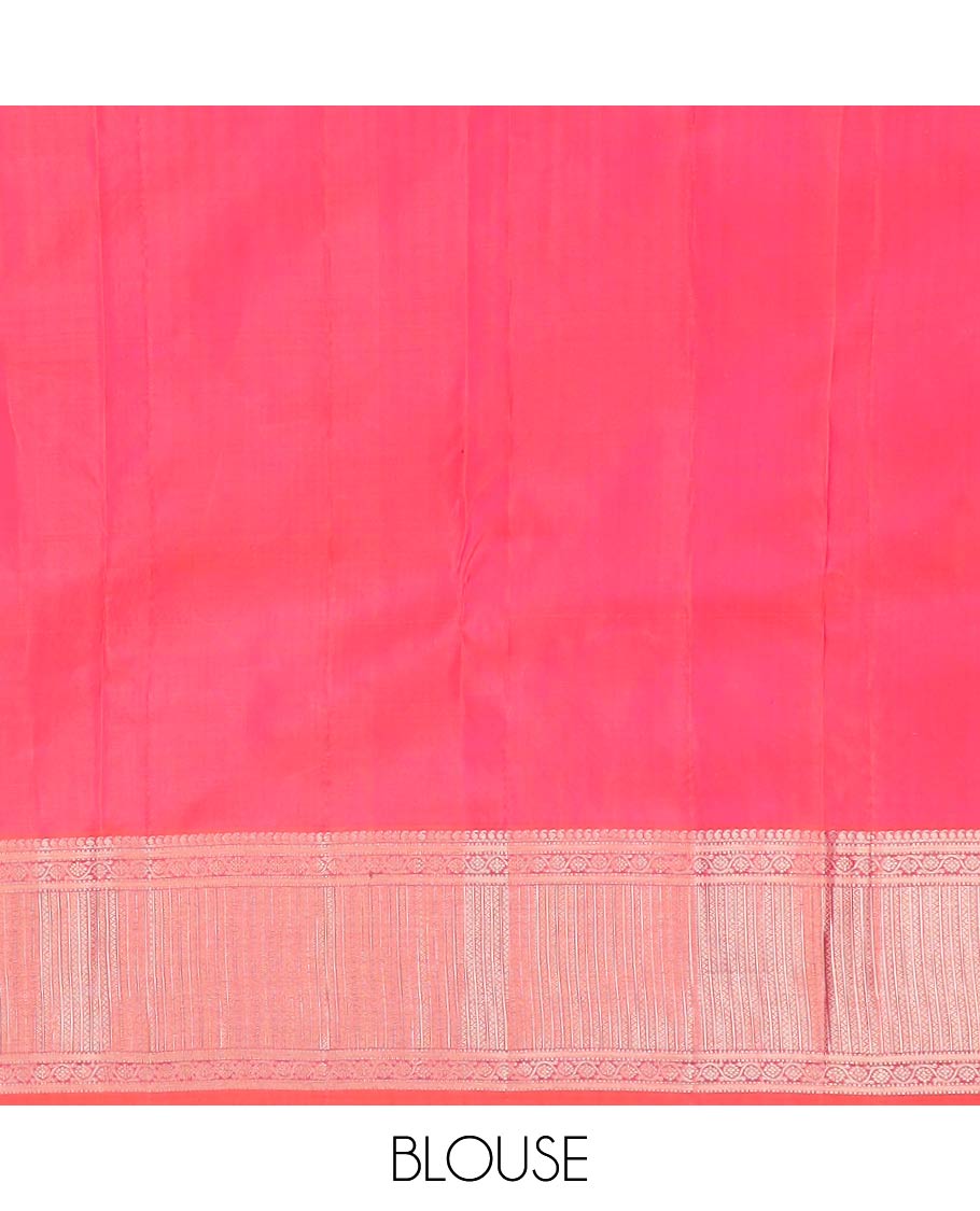 Pink jacquard Kanchipuram wedding silk saree, zari border of manga mokku, muthu, kathir, kodi visiry, and neli kathir, and jaal pallu