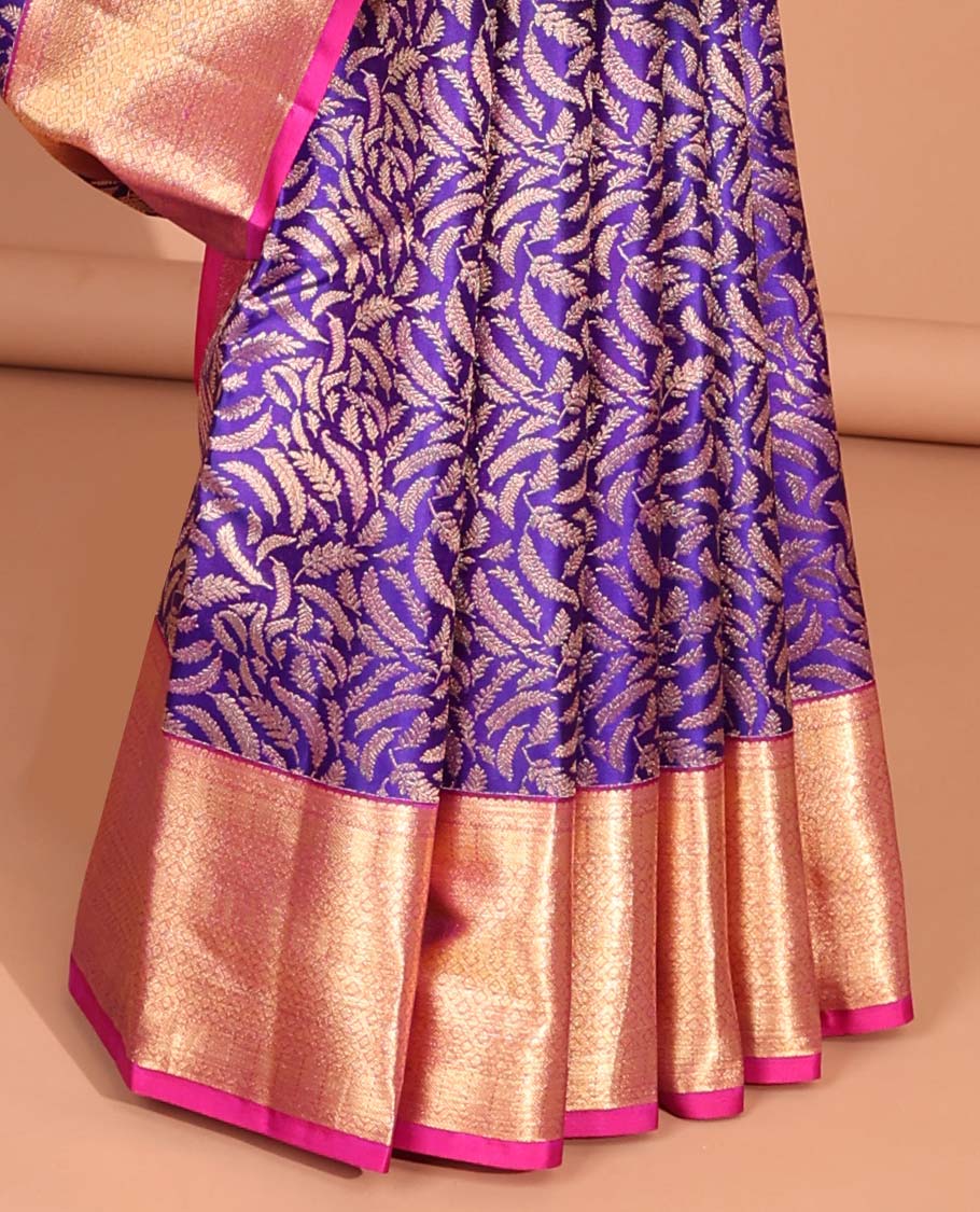 Purple leaf jacquard kancheepuram silk saree with contrast intricate zari border & pallu of ogee design