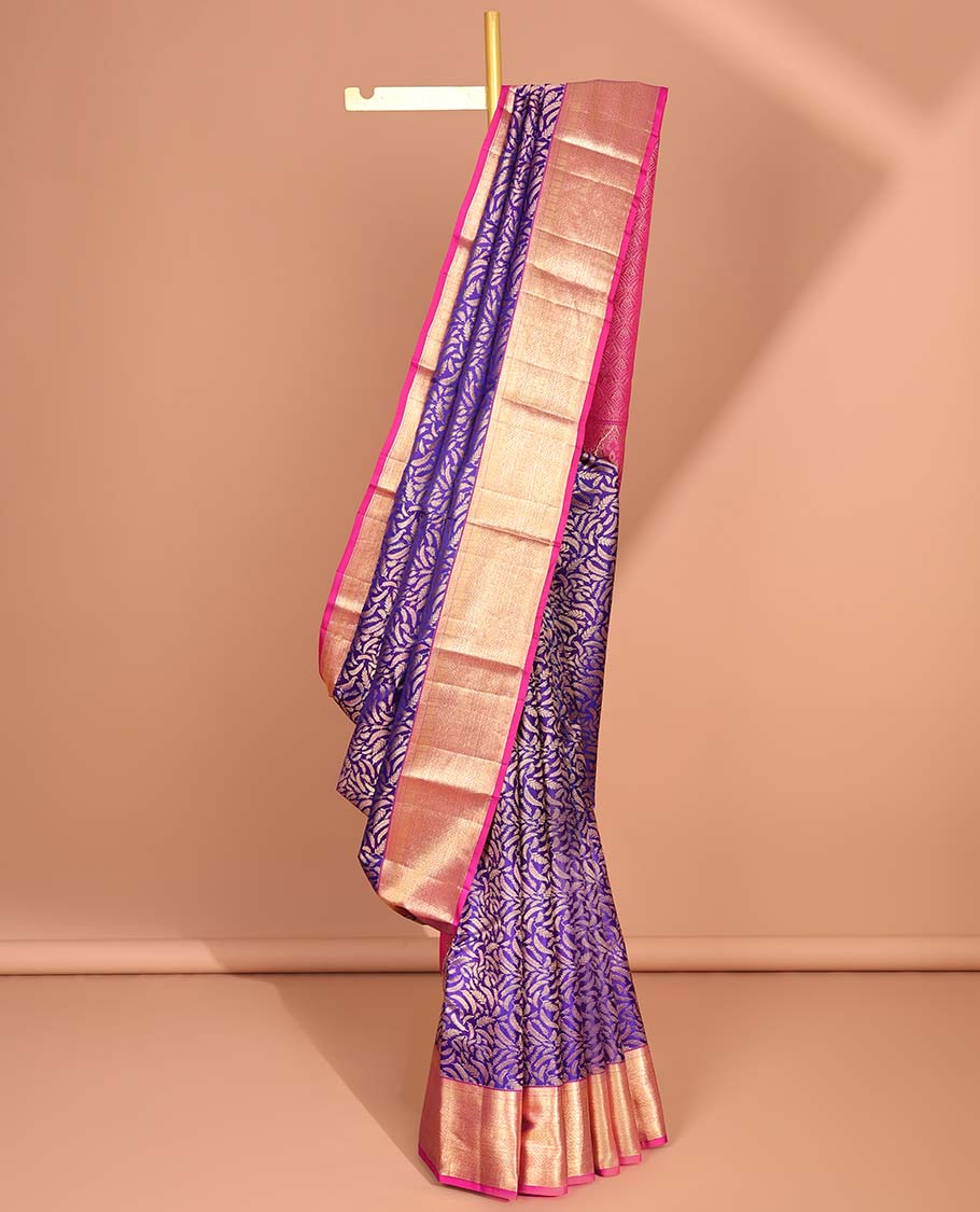 Purple leaf jacquard kancheepuram silk saree with contrast intricate zari border & pallu of ogee design