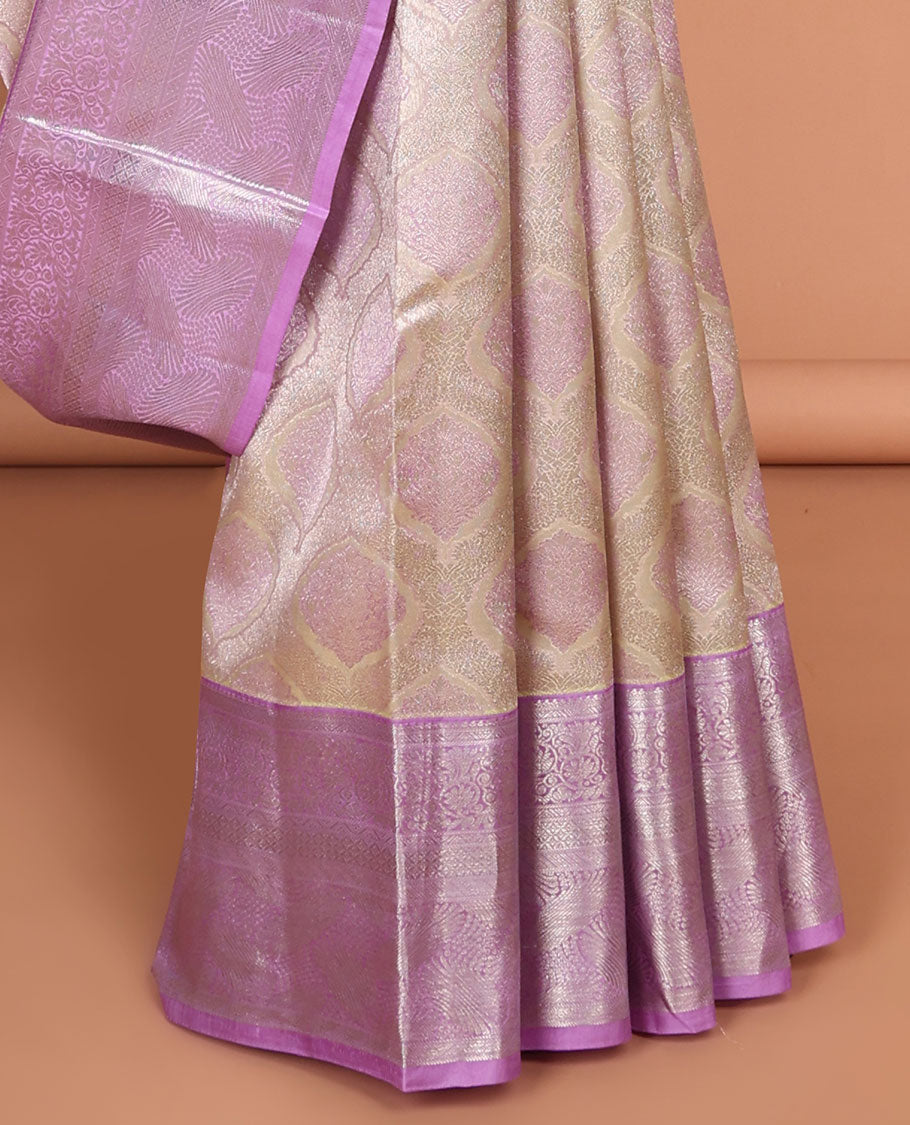 Sandal  floral jacquard kancheepuram silk saree with contrast zari design border & intricate zari design pallu