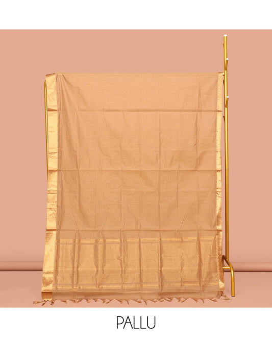 Sandal Sparsely Striped Mangalgiri Cotton Saree, Highlighted by a Zari Border, Gleaming Zari-Striped Pallu, and Paired with a Matching Blouse