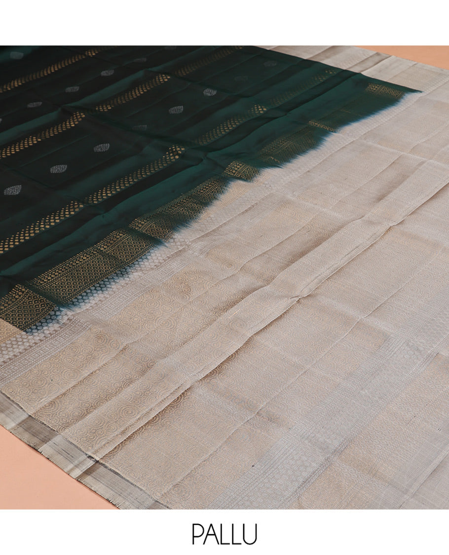 Green Mayuri Lite Silk Mix Saree, Subtly Sparkled with Zari Buttas, a Contrast Border, Sparsely Woven Pallu, and a Contrast Blouse