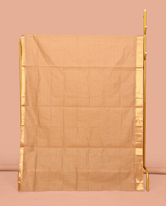 Sandal Sparsely Striped Mangalgiri Cotton Saree, Highlighted by a Zari Border, Gleaming Zari-Striped Pallu, and Paired with a Matching Blouse