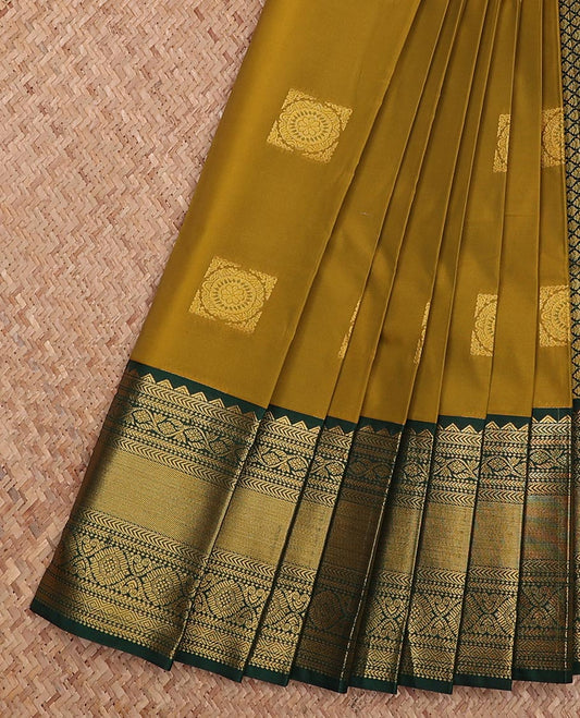 Green zari buttas gift saree, contrast traditional zari design border, and jaal pallu