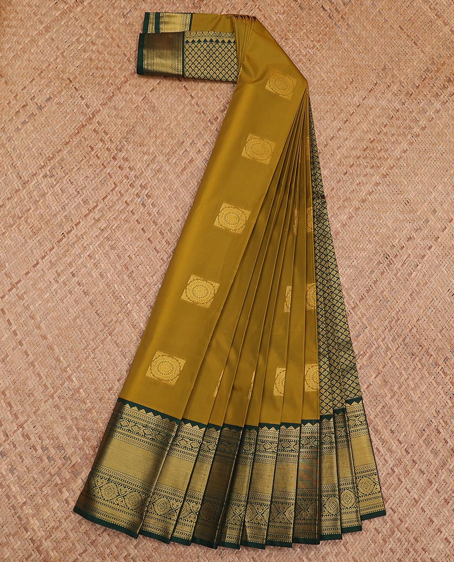Green zari buttas gift saree, contrast traditional zari design border, and jaal pallu