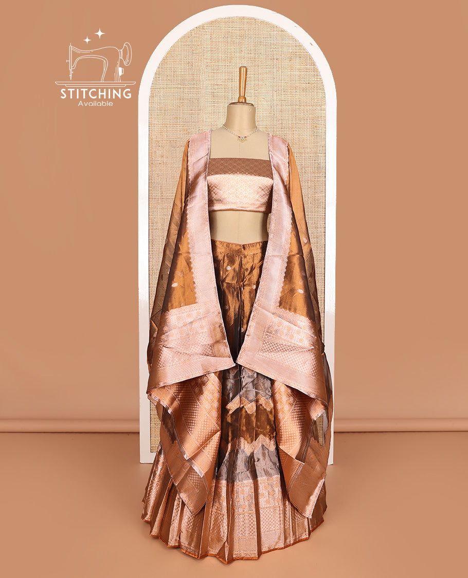 Brown art silk half-saree, buttas, and chevron design with traditional motifs border skirt, brocade blouse, traditional motifs thread woven dhavani, and detachable belt