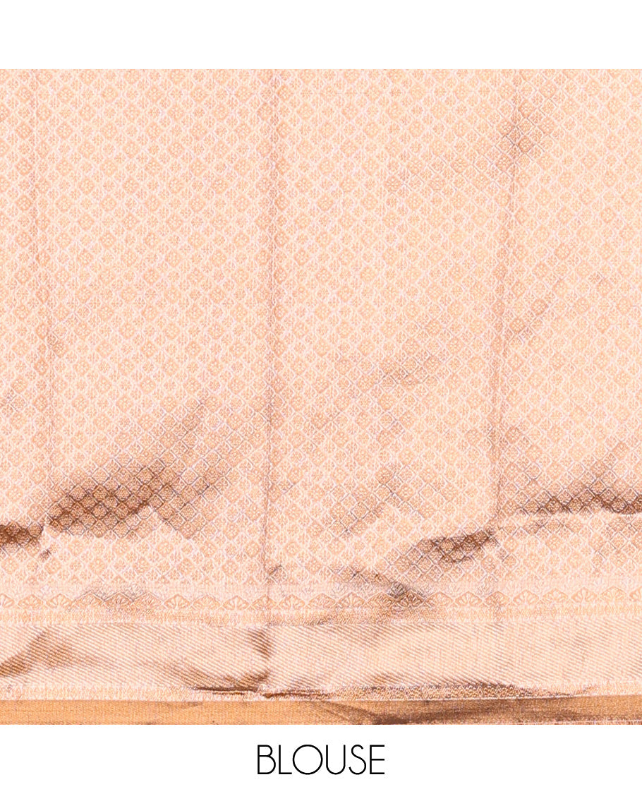 Brown art silk half-saree, buttas, and chevron design with traditional motifs border skirt, brocade blouse, traditional motifs thread woven dhavani, and detachable belt