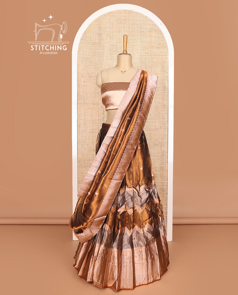 Brown art silk half-saree, buttas, and chevron design with traditional motifs border skirt, brocade blouse, traditional motifs thread woven dhavani, and detachable belt