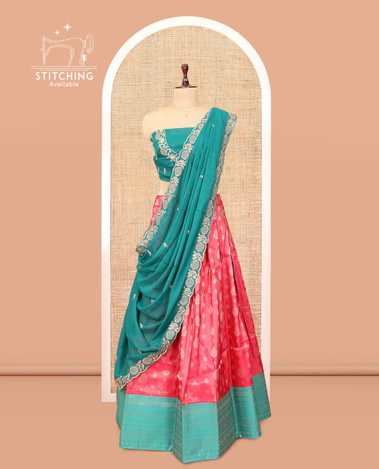 Pink Banarasi Half-Saree, Elevated with Buttas Skirt, a Contrast Traditional Border, Contrast Embroidered Blouse, and Contrast Scallop Embroidered Dupatta