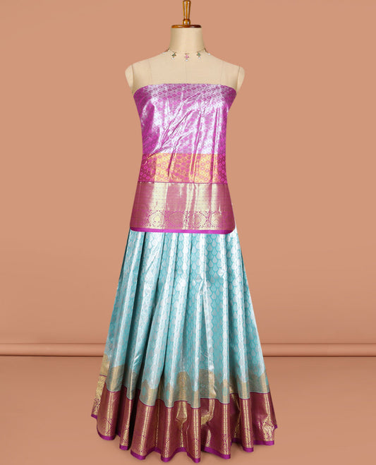 Blue jacquard art silk half-saree, contrast zari design dhavani, zari border & blouse of traditional designs