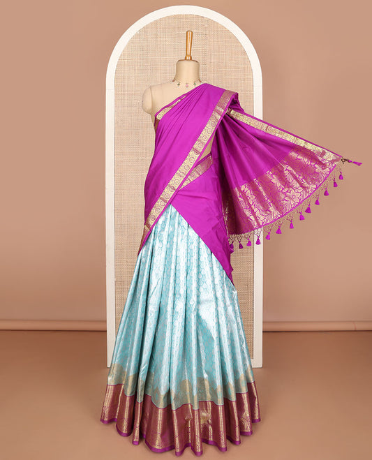 Blue jacquard art silk half-saree, contrast zari design dhavani, zari border & blouse of traditional designs