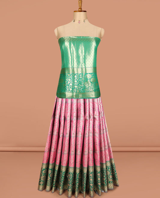 Pink art silk half saree, jacquard with contrast traditional zari border skirt, jacquard contrast blouse, and zari woven dhavani