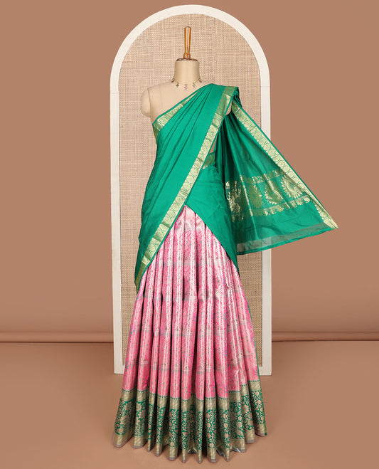Pink art silk half saree, jacquard with contrast traditional zari border skirt, jacquard contrast blouse, and zari woven dhavani