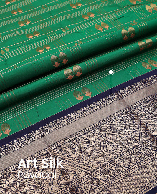 Green art silk pavadai set, zari design with contrast traditional zari bordered skirt and a contrast zari design blouse