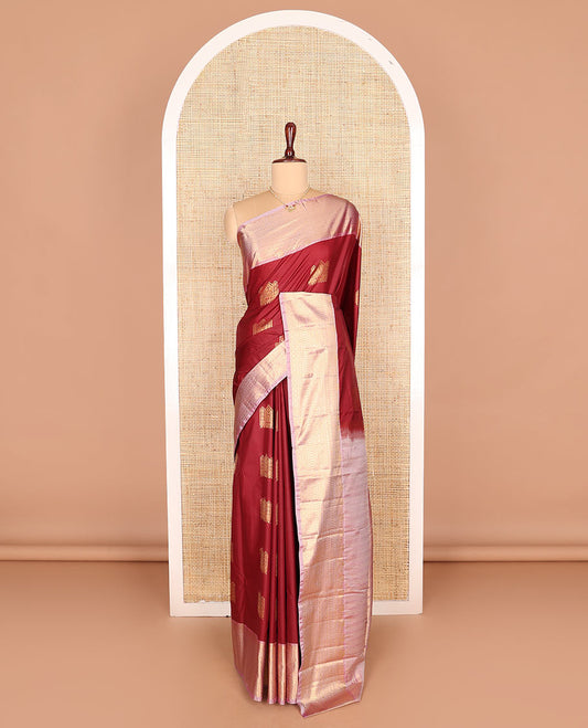 Maroon zari buttas budget silk saree, contrast traditional zari design border, and pallu steeped with traditional motifs