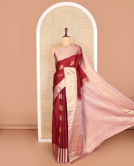 Maroon zari buttas budget silk saree, contrast traditional zari design border, and pallu steeped with traditional motifs