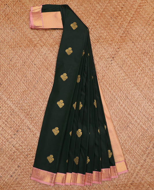 Deep green zari buttas gift saree, contrast traditional zari design border, and jaal pallu