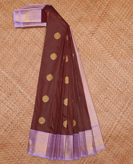Maroon zari buttas and striped gift saree, contrast traditional zari design woven border, and jaal pallu