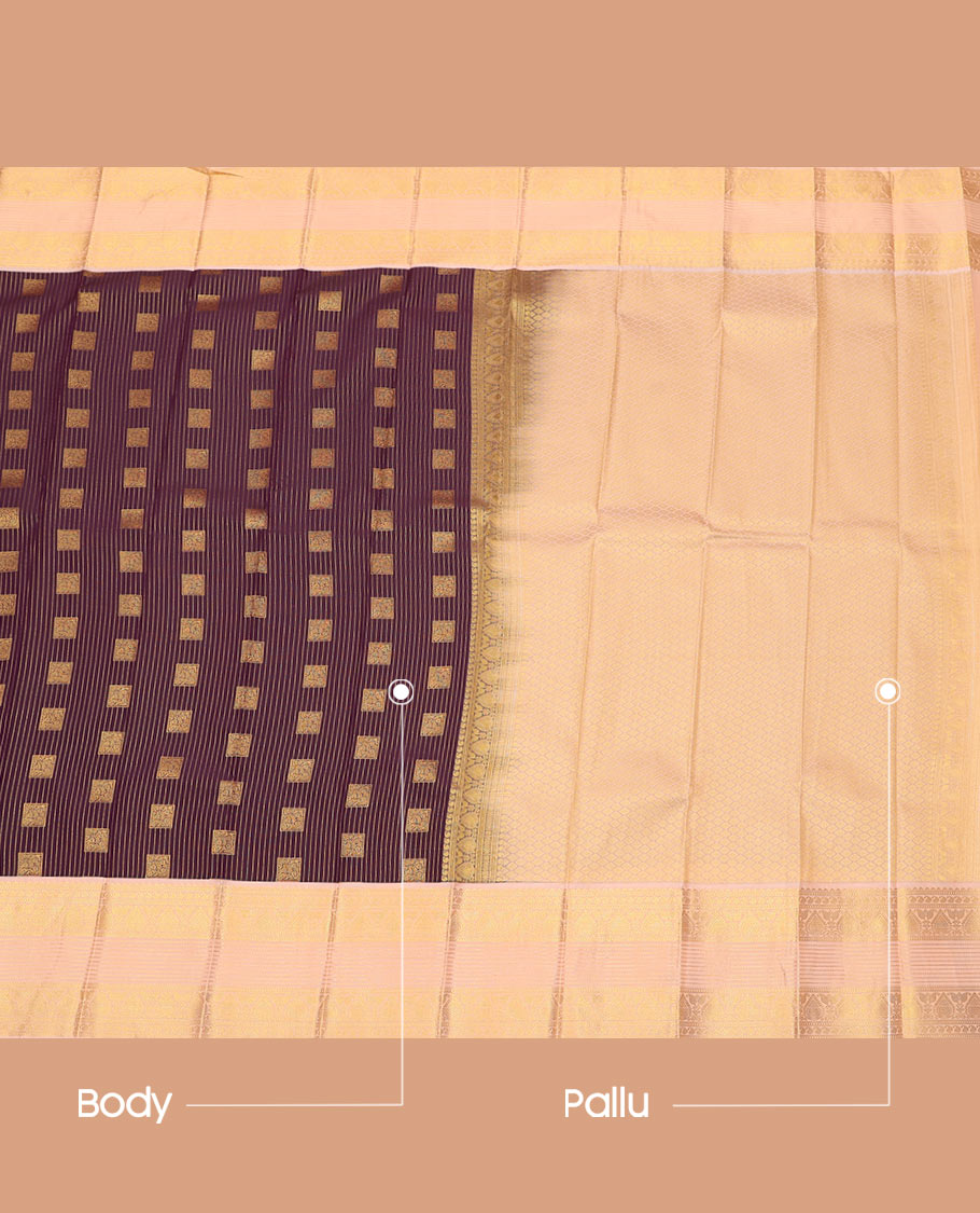 Maroon Budget Silk Saree Beautified with Zari Stripes and Square Buttas, Accentuated with a Contrast Traditional Zari Motifs Woven Border, Subtly Woven Jaal Pallu, and Paired with a Matching Blouse