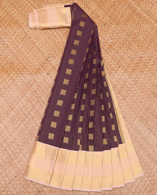 Maroon Budget Silk Saree Beautified with Zari Stripes and Square Buttas, Accentuated with a Contrast Traditional Zari Motifs Woven Border, Subtly Woven Jaal Pallu, and Paired with a Matching Blouse