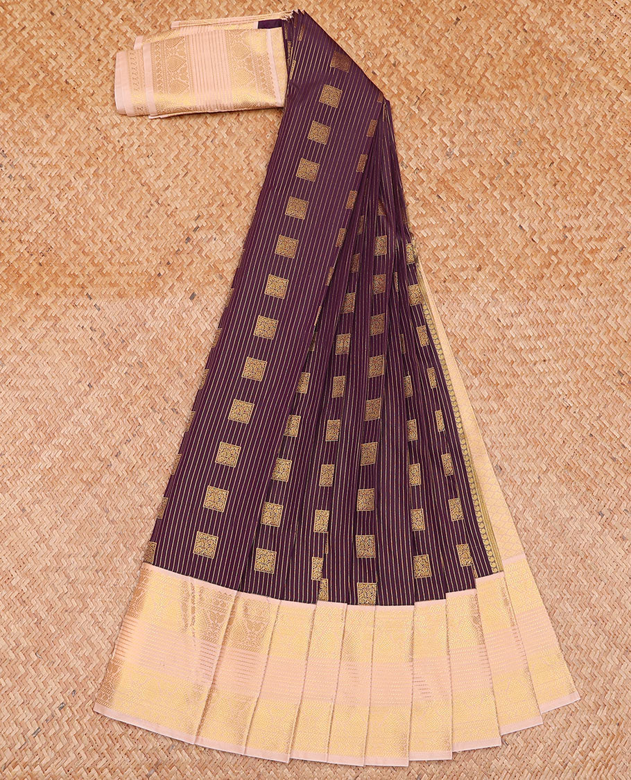 Maroon Budget Silk Saree Beautified with Zari Stripes and Square Buttas, Accentuated with a Contrast Traditional Zari Motifs Woven Border, Subtly Woven Jaal Pallu, and Paired with a Matching Blouse