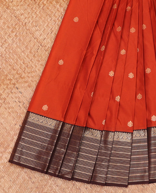 Rust Orange Budget Silk Saree Adorned with Zari Buttas, Featuring a Contrast Traditional Zari-Design Border, Elevated with Intricately Designed Pallu, and Paired with a Contrast Zari-Bordered Blouse