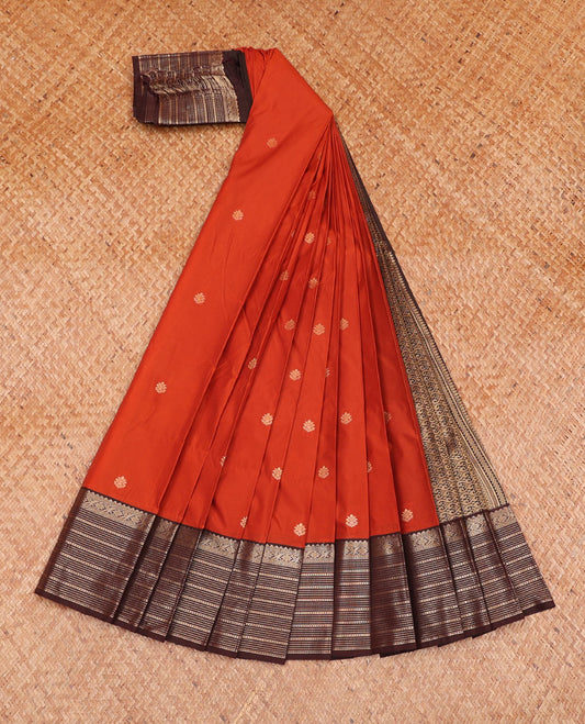 Rust Orange Budget Silk Saree Adorned with Zari Buttas, Featuring a Contrast Traditional Zari-Design Border, Elevated with Intricately Designed Pallu, and Paired with a Contrast Zari-Bordered Blouse