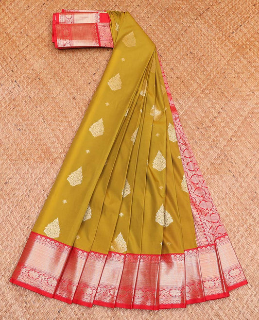 Green Budget Silk Saree, Accentuated with Zari Buttas All Over Its Body, Complemented by a Contrast Traditional Zari Design Border, Intricately Designed Pallu, and Paired with a Contrast Blouse