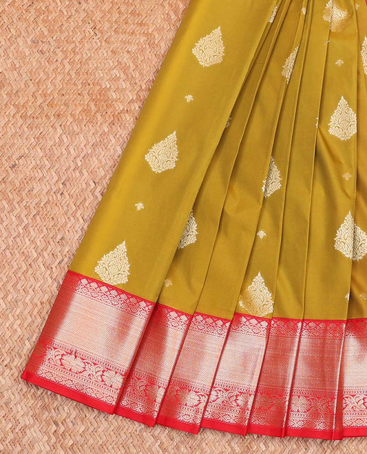 Green Budget Silk Saree, Accentuated with Zari Buttas All Over Its Body, Complemented by a Contrast Traditional Zari Design Border, Intricately Designed Pallu, and Paired with a Contrast Blouse