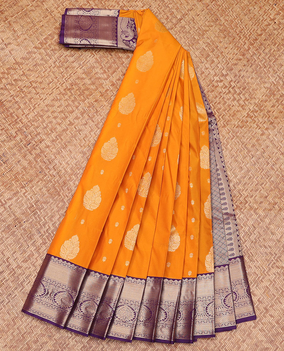 Orange Budget Silk Saree, Gleamed Up with Zari Buttas All Over Its Body, Complemented by a Contrast Traditional Zari Design Border, Sparsely Woven Jaal-Patterned Pallu, and Paired with a Contrast Blouse