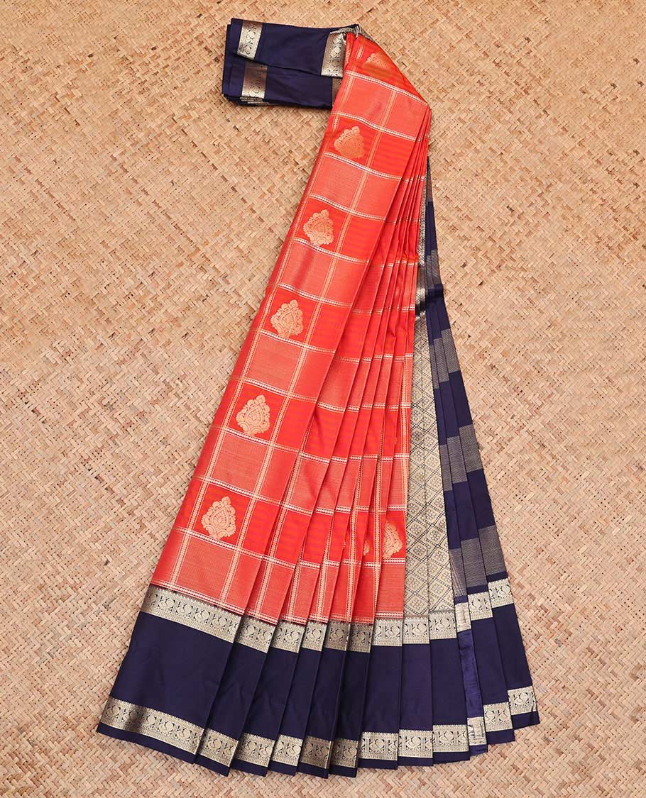 Orange Budget Silk Saree, Enriched with Zari Butta Enclosed Checks On Its Body, Complemented by Contrast Traditional Zari Designs Woven Rettai Pettu Border, Grand Jaal Pallu, and Paired with a Contrast Blouse
