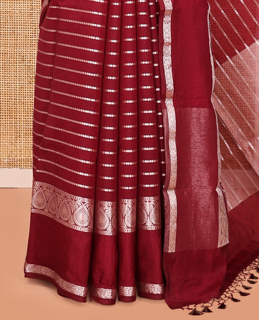 Maroon Assam Silk Saree, Gleamed Up with Zari Stripes, Highlighted by a Traditional Border, a Self-Pallu, and a Matching Blouse