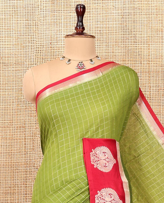 Green Assam Silk Saree, Decked Up with Checks, Complemented by Contrast Peacock Design Border, Zari-Striped Pallu, and a Contrast Blouse