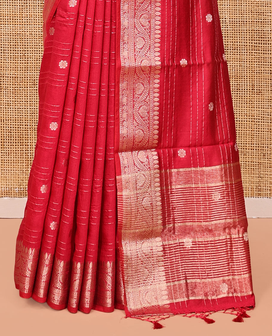 Red Assam Silk Saree, Embellished with Zari Buttas and Stripes, Highlighted by a Floral Creeper Zari Border, Zari-Striped Pallu, and a Matching Blouse