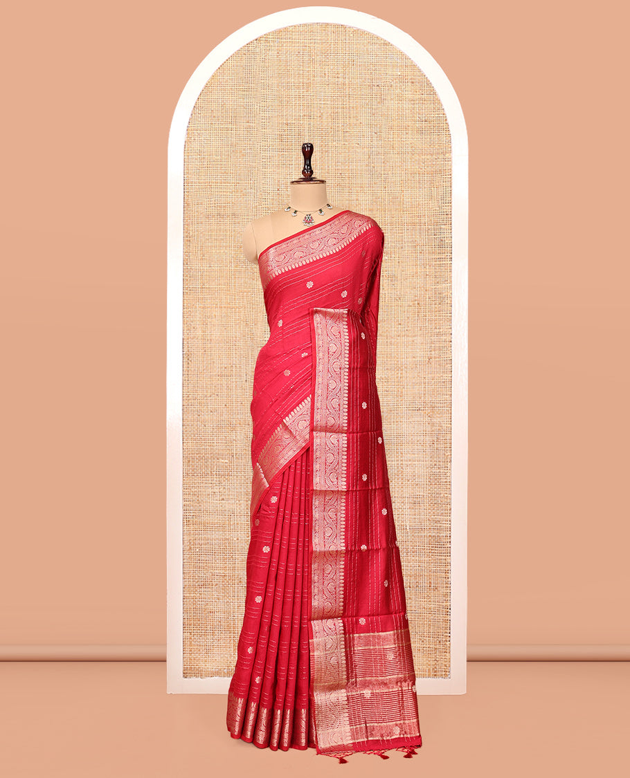 Red Assam Silk Saree, Embellished with Zari Buttas and Stripes, Highlighted by a Floral Creeper Zari Border, Zari-Striped Pallu, and a Matching Blouse