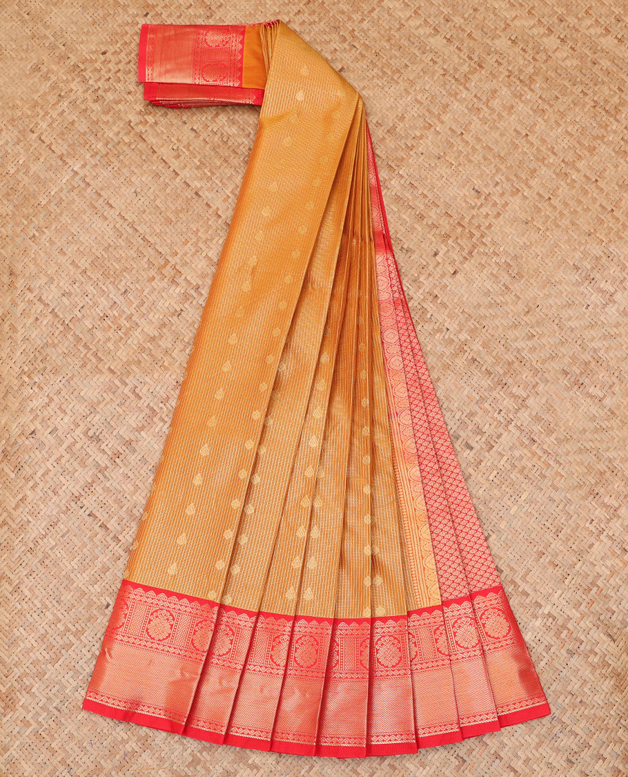 Orange Budget Silk Saree, Enriched with Zari Buttas and Checks, a Contrast Traditional Zari Border, Jaal Pallu, and a Contrast Blouse